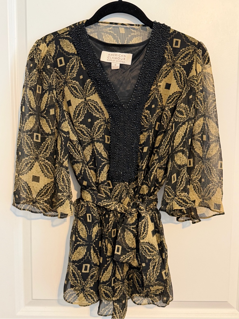 Badgley Mischka Wrap Top Black Elegant Draped Blouse Size Small